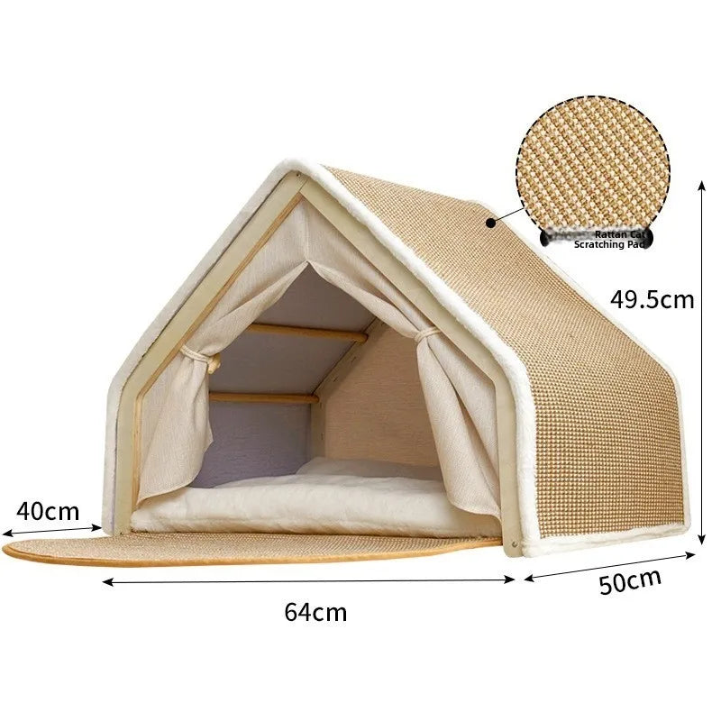 Warmth Enclosed Wooden  Scratching Board Large Villa Style  House for All Seasons Indoor Pet Shelter  Tent Dog Bed