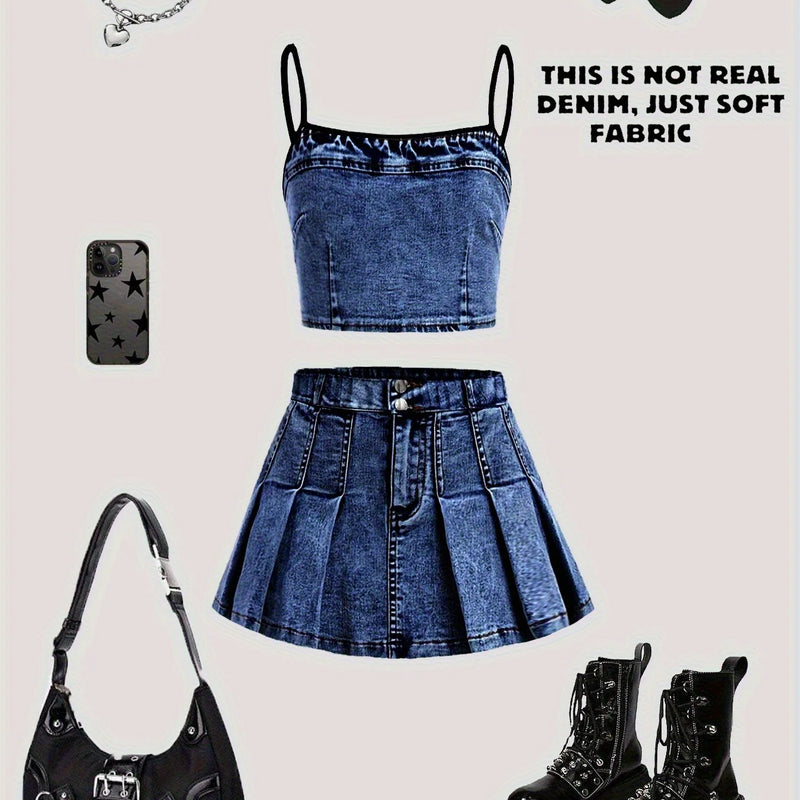 Girls' Casual Short Skirt Set, Faux Denim Camisole | SAMAG