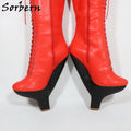 Sorbern Red Matte Hard Shaft Boots For Women Small Heels Knee Hjigh Lace Up Fetish Cosplay Boots Custom Colors
