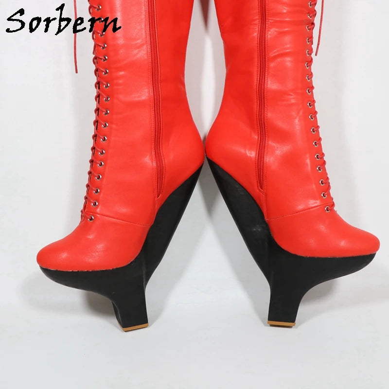 Sorbern Red Matte Hard Shaft Boots For Women Small Heels Knee Hjigh Lace Up Fetish Cosplay Boots Custom Colors