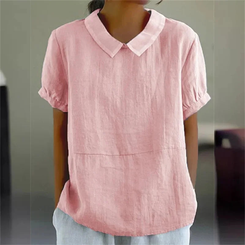 Solid Color Cotton Linen Lapel Pullover Shirt Women - View 10 | SAMAG