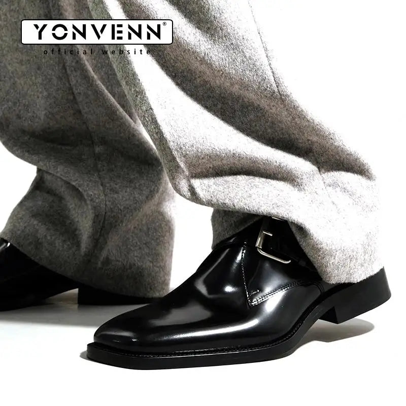 Square headed Monk leather shoes men's casual height increasing formal dress shoes work commuting business Oxford shoes