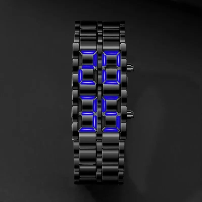 Relógio de pulso digital Lava masculino, metal completo preto, display LED azul, presentes para homem - Visuel 3 | SAMAG