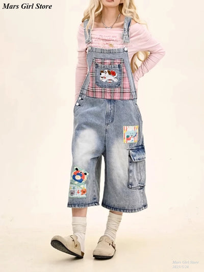 Y2K Aesthetic Cartoon Dog Embroidery Denim Overalls Women | SAMAG