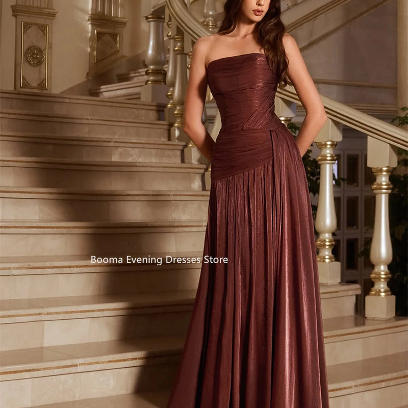 Booma Mermaid Strapless Pleat Shiny Brown Evening Dresses | SAMAG