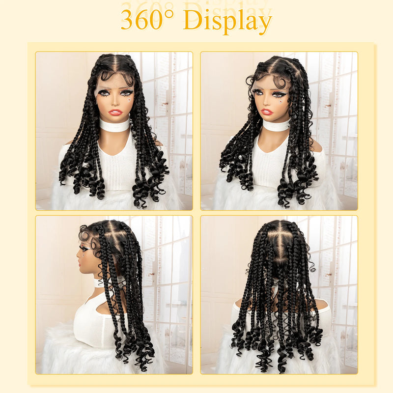 Synthetic Full Lace Goddess Braided Wigs with Curly Square Knotless Box Braiding Wig for Black Women 18 Inches Lace Frontal Wigs