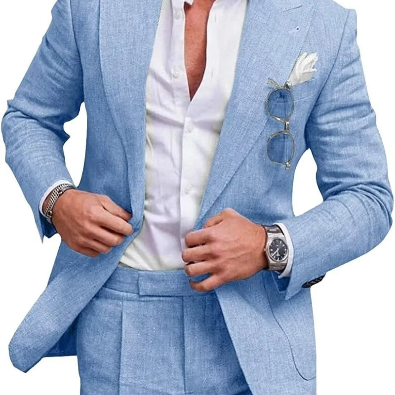 Men‘s Linen Pant Suit Set Plus - size Black Blue Single Button 2 - Piece Summer Business Formal Casual - View 9 | SAMAG