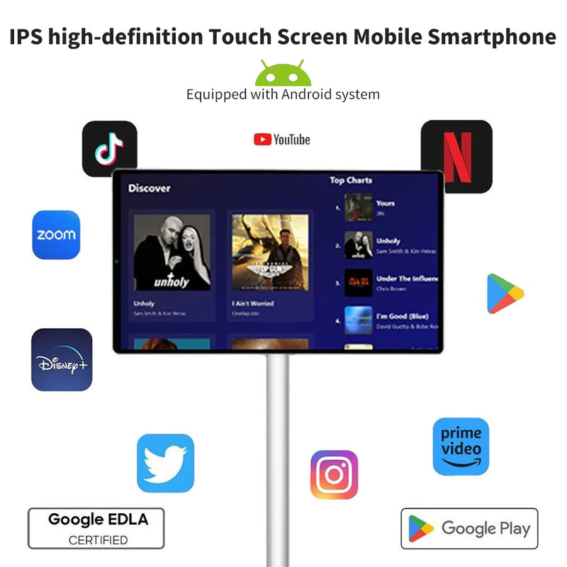 White 21.5 Inch 4GB+64GB Smart Display Battery Android Portable TV In-cell Touch Screen Gym Gaming Live Room Portable TV Pro