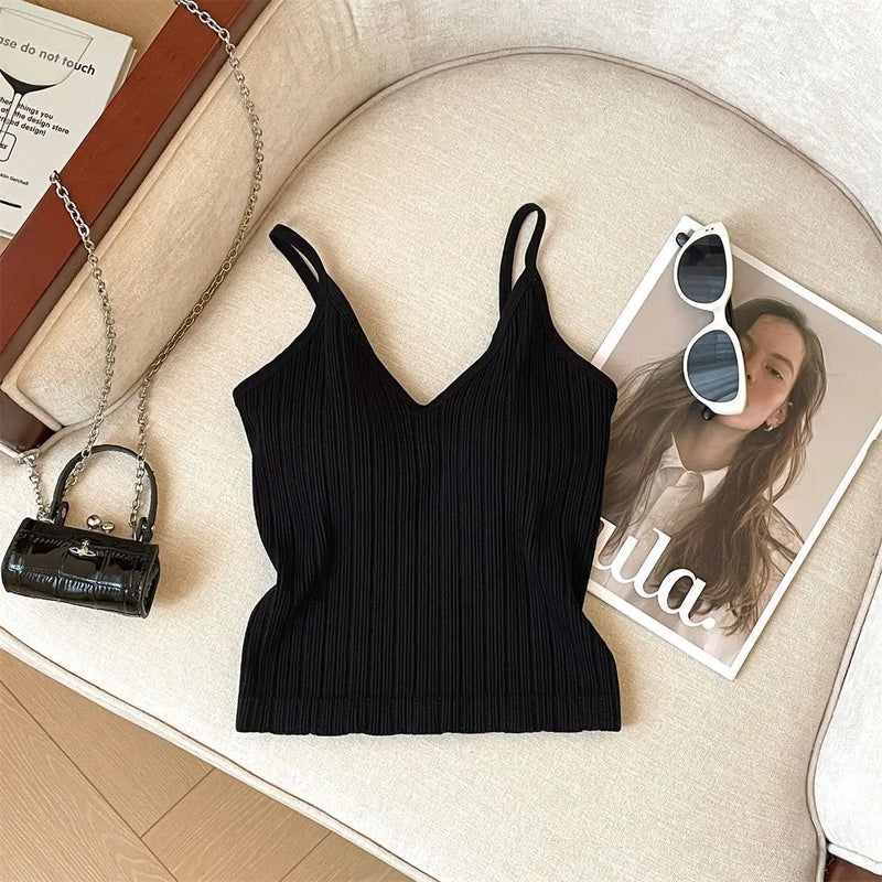Fashion V Neck Sleeveless Summer Knit Tank Top White Women Black Casual Basic T Shirt Off Shoulder Camis Sexy Backless Crop Tops