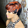 Full Machine Made Short Layered Pixie Cut Human Hair Wig, Black Ginger Ombre Highlight Human Hair Wigs for Ladies