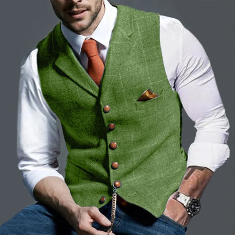 Fashion Men's Vests Lapel Tweed Plaid V-neck Waistcoat Slim Fit Vest Business Formal Dress Suit Casual Wedding Tuxedo Male Vest