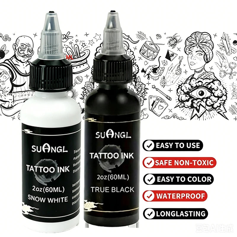 1/2pc 60ml White/Black Tattoo Ink Pigment, with Box Set of Artistic Tattoo Kit, Professional Makeup Pigment Tattoo Supplies