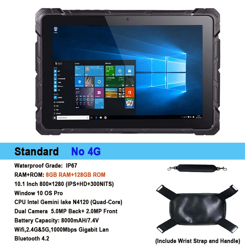 10.1" Industrial Rugged Tablet 1920*1200 600nit 8GB RAM 128GB IP67 Windows 11 Pro Tablet PC Intel N4120 HDMI WiFi RS232