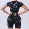 Women's Tie Dye Gym Set, Seamless High Waist Booty Shorts and Short Sleeve Sports Top 2 Pcs Athletic Fitness Clothing