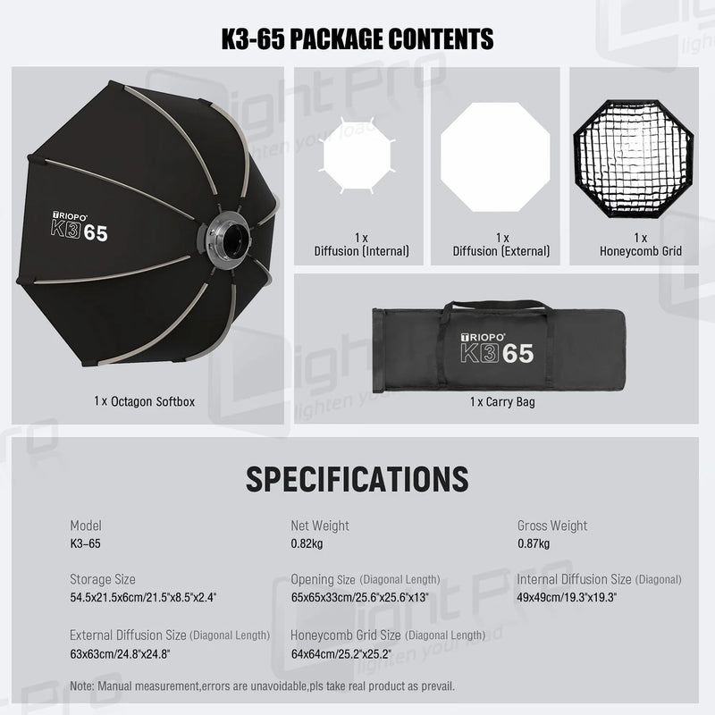 Triopo K3 Quick-Setup Bowens Mount Octagon Softbox One-Step Install Portable Light Modifier Umbrella Reflector W/ Honeycomb Grid