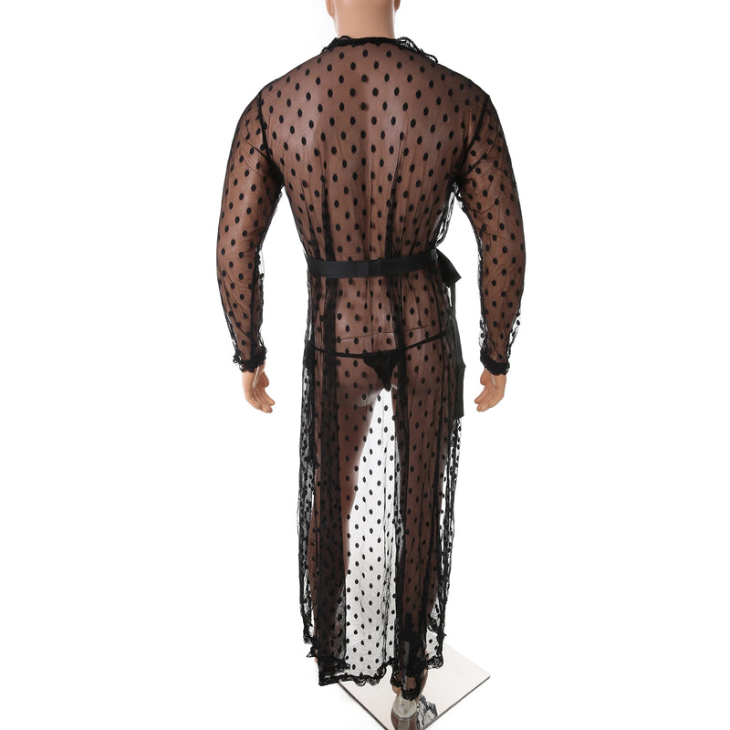 Men Robe Long Sleeves Bathrobe Kimono Mens Pajamas Lace See-through Bathrobe Night Dressing Gown With Jockstrap Thong Set