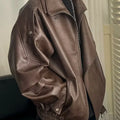 Men's Autumn High Colar Pu Leather Jacket American Retro Zipper Motorcycle Jacket Loose Fashion Atmosphere Asymmetrical Coat