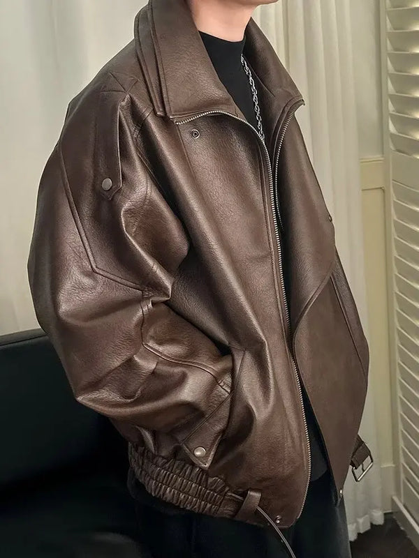 Men's Autumn High Colar Pu Leather Jacket American Retro Zipper Motorcycle Jacket Loose Fashion Atmosphere Asymmetrical Coat