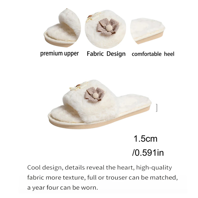 Winter New Flower Decor Comfort Soft Soled Women Cotton Slippers 2026 Fashion Solid Round Toe Plush Warm House Women's Shoes