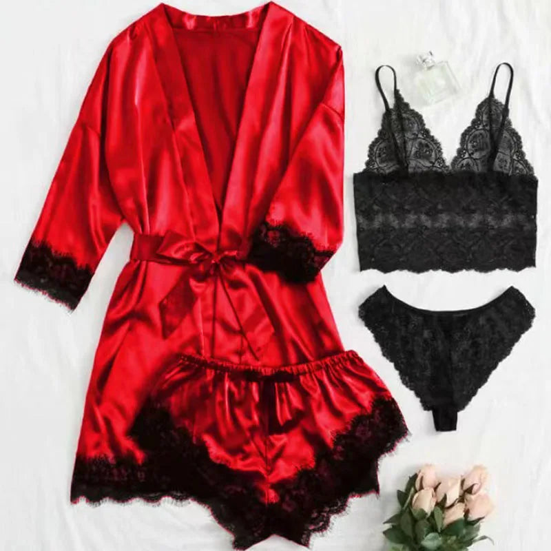Women's Four-Piece Lace Camisole Nightwear Set with Robe | SAMAG