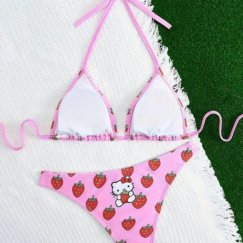 /a set Hello Kitty Strawberry Cute Cartoon Gir Bikini | SAMAG