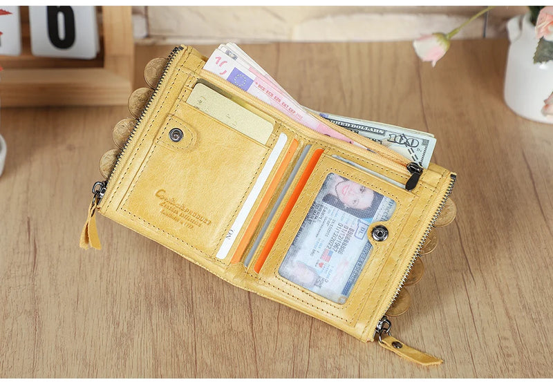 CONTACT'S Fashion Genuine Leather Women Wallet Bifold Card Holder Coin Purse Small Women's Purse Money Clip Men Pocket Wallets
