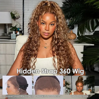360 Full Lace Wig Human Hair Pre Plucked HD Invisible Drawstring Brazilian Skinlike Pre Cut Transparent Lace Highlight Deep Wave Frontal Wig For Women