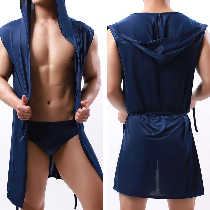 Men's Nightgown Sleeveless Oversized Silky Male Pajamas Hooded Bathrobe Ultra-thin Homewear Bath Robe Home Clothe