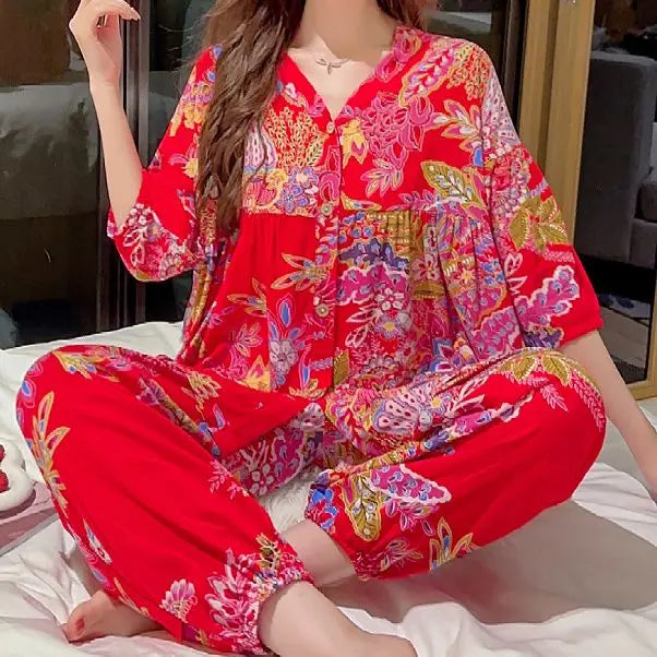Cotton Sleepwear Big Size Cardigan Seven-minute Pants Two-piece Print Loungewear Pajama Sets Summer Nightwear Korean Fashion