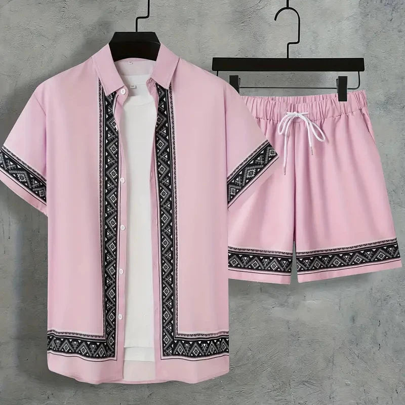 Men's Summer Holiday Suit Retro Textured Printed Border Shirt Short Sleeve Two Piece Breathable Pool - View 4 | SAMAG
