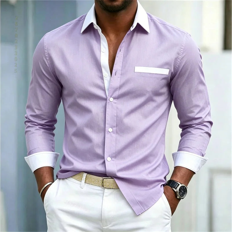 Men's shirt color blocking black and white lapel slim fit | SAMAG