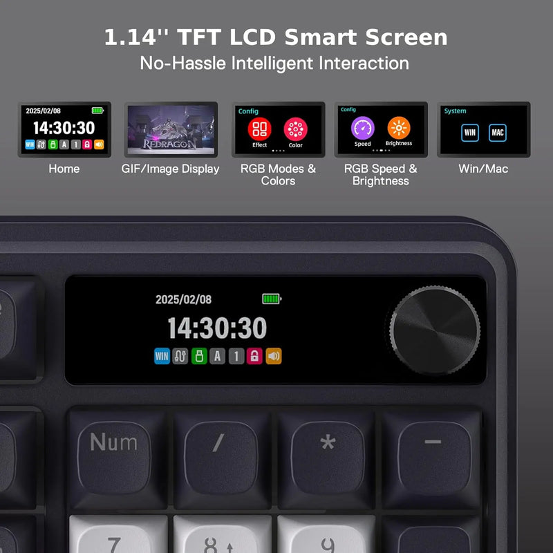 Redragon K762 Wireless Gasket Gaming Keyboard,104 Keys Mechanical Keyboard, Easy-Control 1.14’’ TFT Info Display