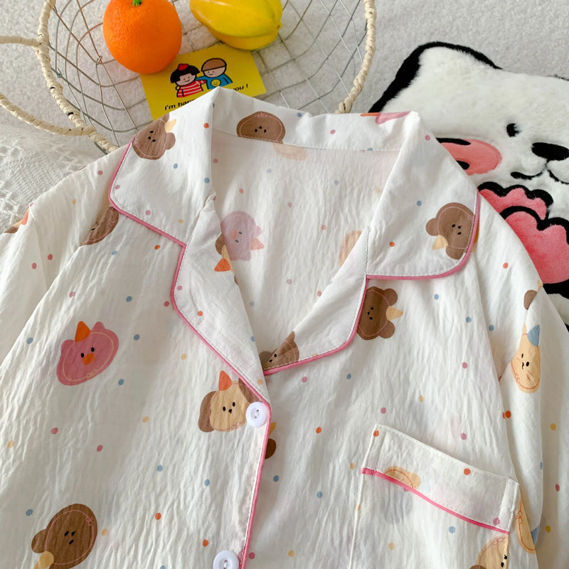 Cartoon Hello Kitty Summer Cardigan Lapel Women's Pajama Set Cloud Cotton Cute Printed Casual Loungewear Three-piece Set