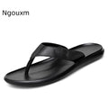 Men'S Genuine Leather Slip-On Flat Flip Flops Classic Round Toe Slip-On Soft Bottom Clip Toe Male Slide Sandals Summer Leisure P