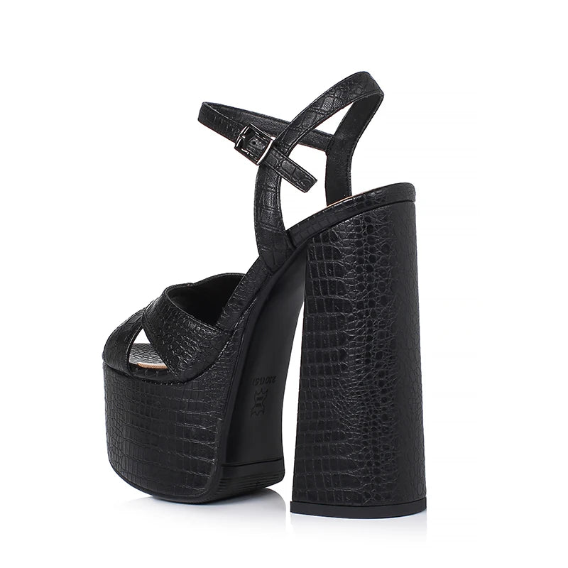 Arden Furtado Women's Summer Embossed Cowhide Platform Shoes Round Toe Super High Heel Sandals Large Size Commuter Footwear