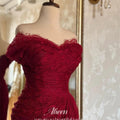 Aileen Burgundy Lace Off Shoulder Evening Dress Short | SAMAG