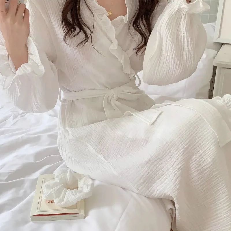 Women's Spring and Summer New Simple Long-Sleeved Robe Girls Sweet Ins Wind Ruffled Thin Section of Solid Color Pajamas Home Wea