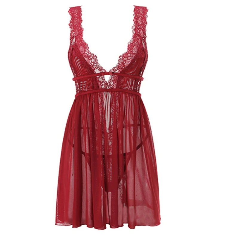 Sexy Women Lingerie Mesh Lace Nightie Nightgown Sleeveless Sling Nightwear Babydolls Dress Sexy Nightdress Exotic Sleepwear