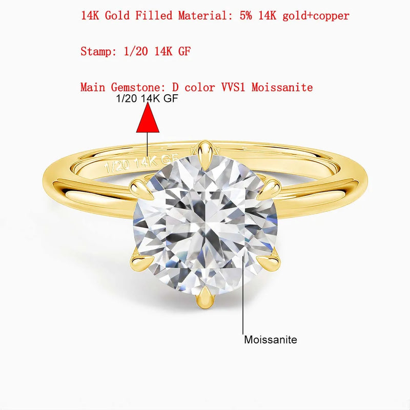 SDOOU Elegant 14K Gold Filled Six Claw Solitaire Moissanite Ring 1/2/3ct D VVS1 Round Cut  Everyday Wear Jewelry Gift for Women