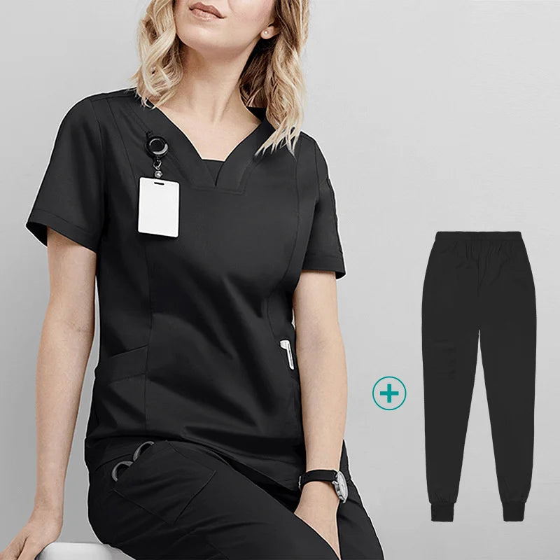 Woman Medical Scrubs Set, V-Neck Short Sleeve Nursing Uniforms With Multi-Pockets, Professional Workwear For Dental Clinic, Sp