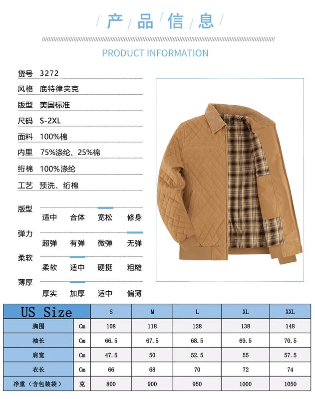 US size men's zipper pure cotton duck canvas quilted coat - Detroit thick and warm flannel jacket
