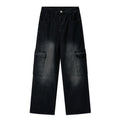 Men Vintage Wash Cargo Wide Leg Jeans Big Pockets | SAMAG