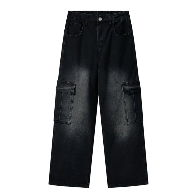 Men Vintage Wash Cargo Wide Leg Jeans Big Pockets | SAMAG