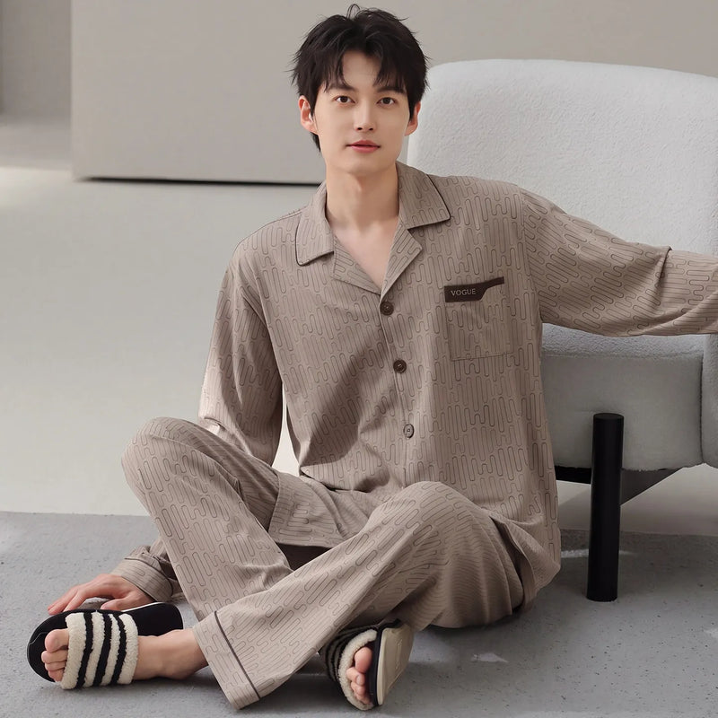 Autumn Spring Plaid Cardigan Sleepwear for Men 2026 New Fashion Homewear Male Size L-3XL Long Sleeves trouser 2Pcs/set Pajamas