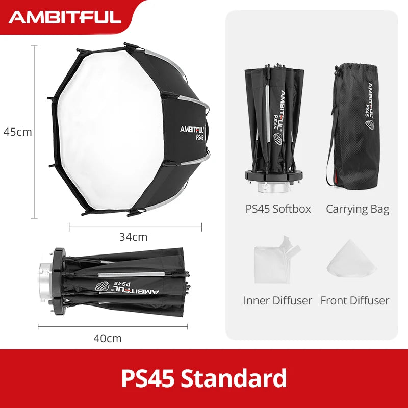 Ambitful Mini Quickly Release Softbox PS45 PS30 50SE Bowens Mount PF30/40SE Ontop Softbox Octagon Softbox+Honeycomb Grid Outdoor
