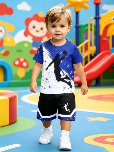 Boys Blue White Color Block Basketball Print Short Sleeve | SAMAG