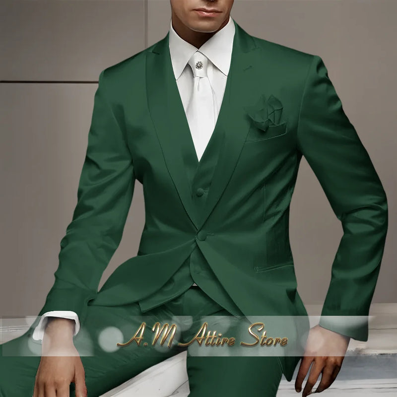 Men's Wedding Party Suits 3 Piece White Satin Mikado Jacket Vest Pants Set for Summer Banquet Party Father Gift Tailored Fit