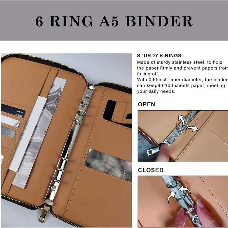 New A5 Binder with Phone stand,PU Leather Portfolio Budget Binder Cover,6 Rings Refillable Notebook Planner Cover with Zipper