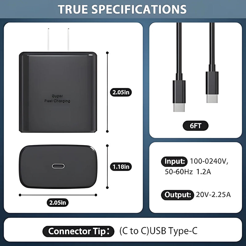 45W Super Fast Charger & USB-C Data Cable - Portable Adapter for Samsung Galaxy S24/S23/S22/S25 Ultra/S21 Plus/Note 20