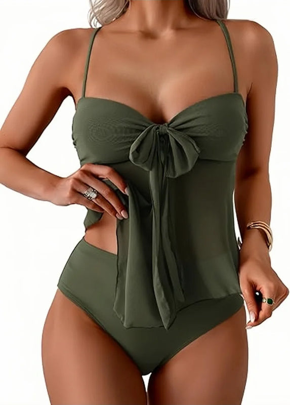 Women Solid Front Bow Chiffon Tankini Spaghetti Strap | SAMAG